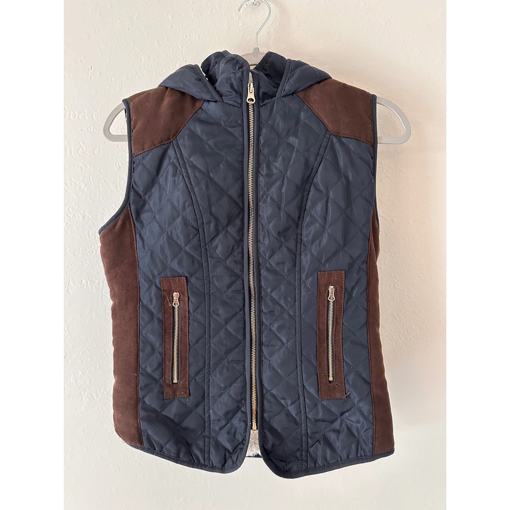 Ci Sono Quilted Barn Puffer Vest Womens Medium Navy Brown Sherpa Hooded NYV1002F
